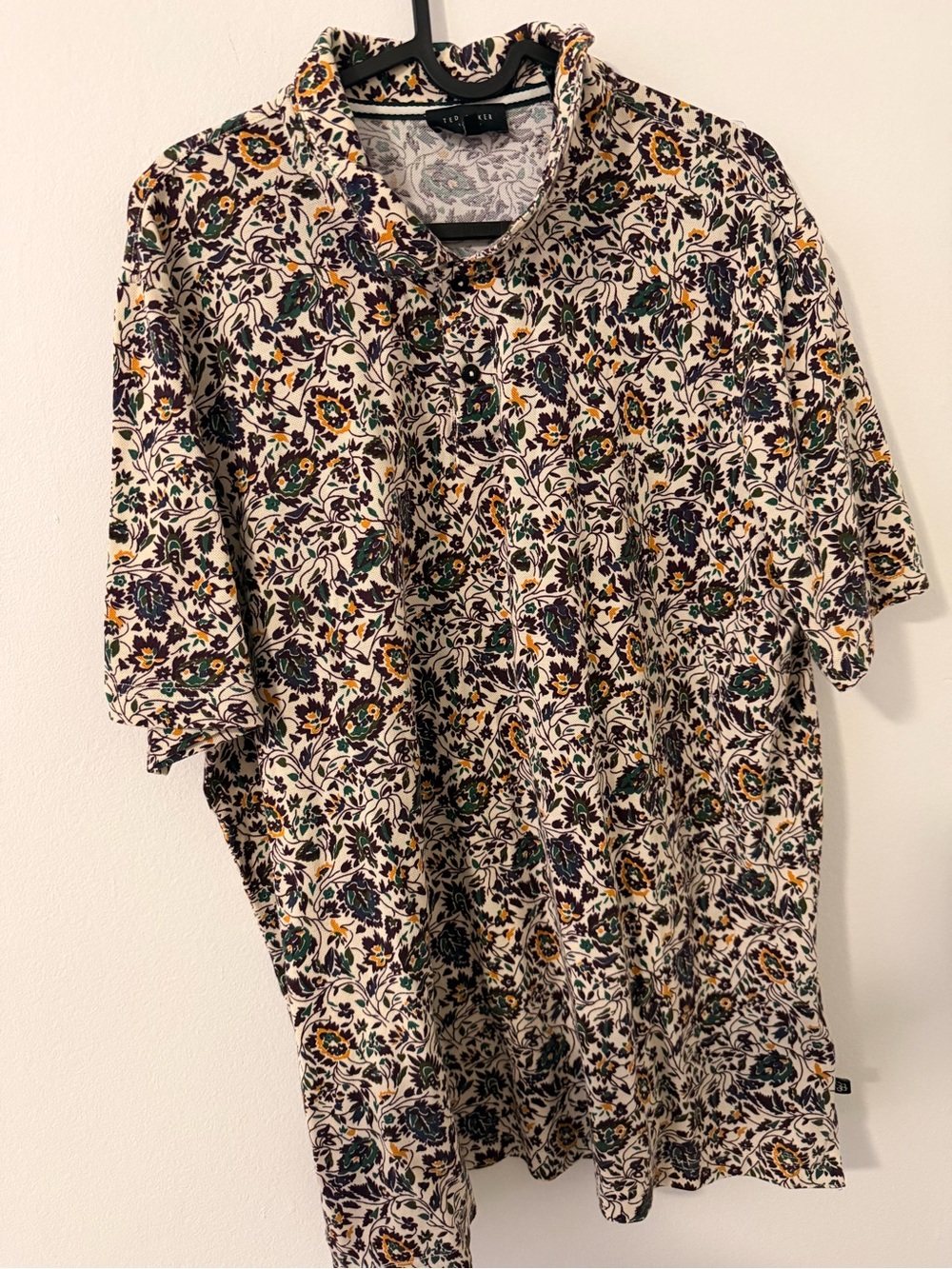 Ted Baker London Cream Short-Sleeve Polo with Green, Navy & Yellow Floral Print